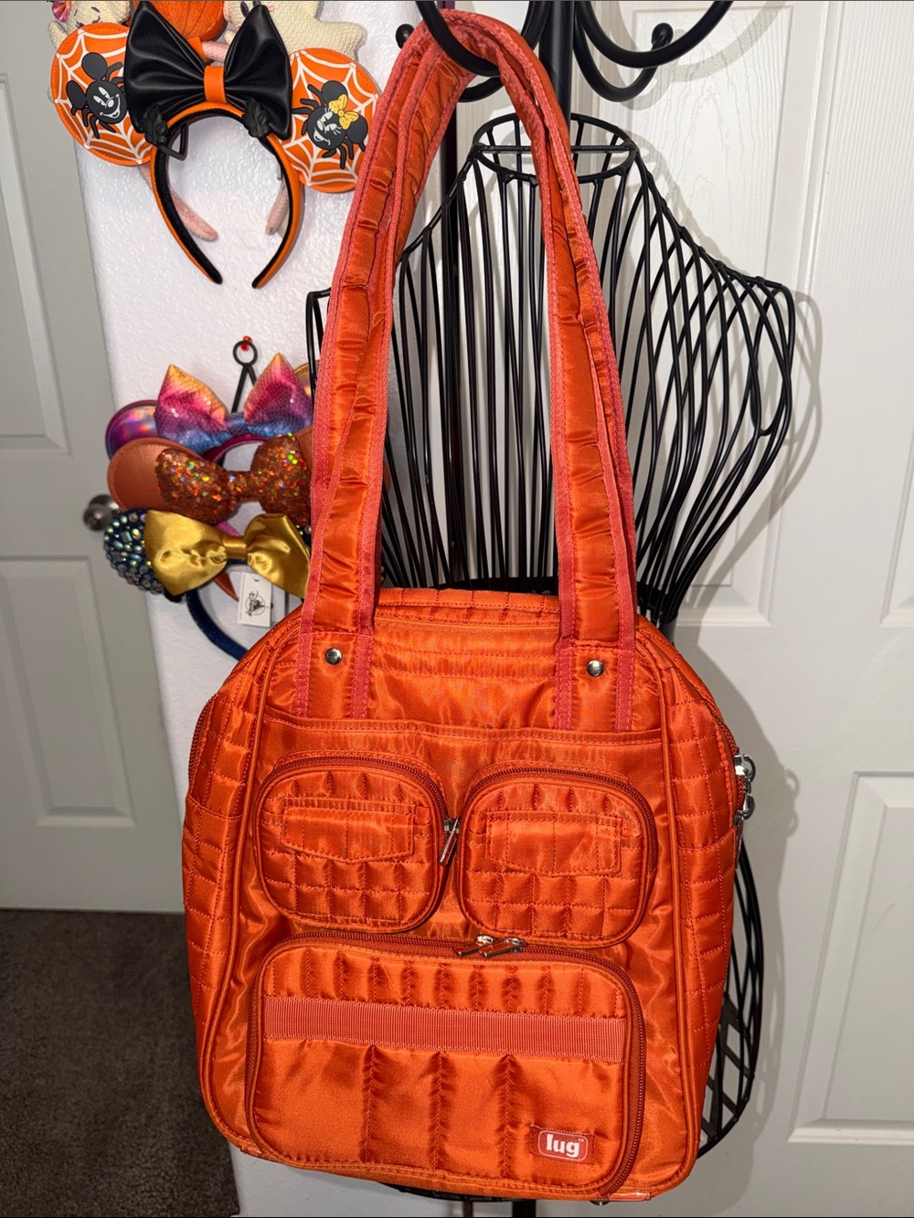 lug Quilted Shoulder Tote in Vibrant Orange so many pockets and so much space